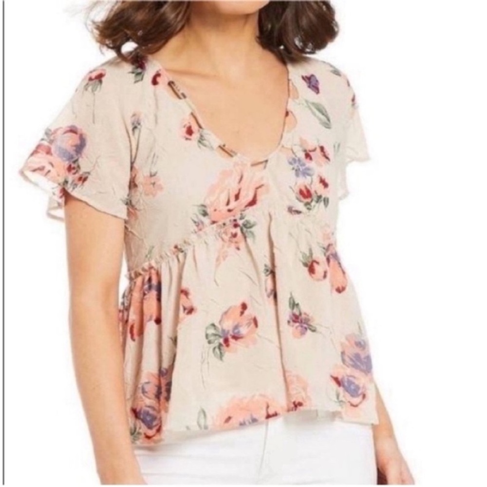 Lucky Brand Floral Flutter top cream babydoll cutouts pink